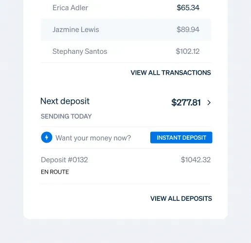 Payouts screen listing transactions and the next deposit